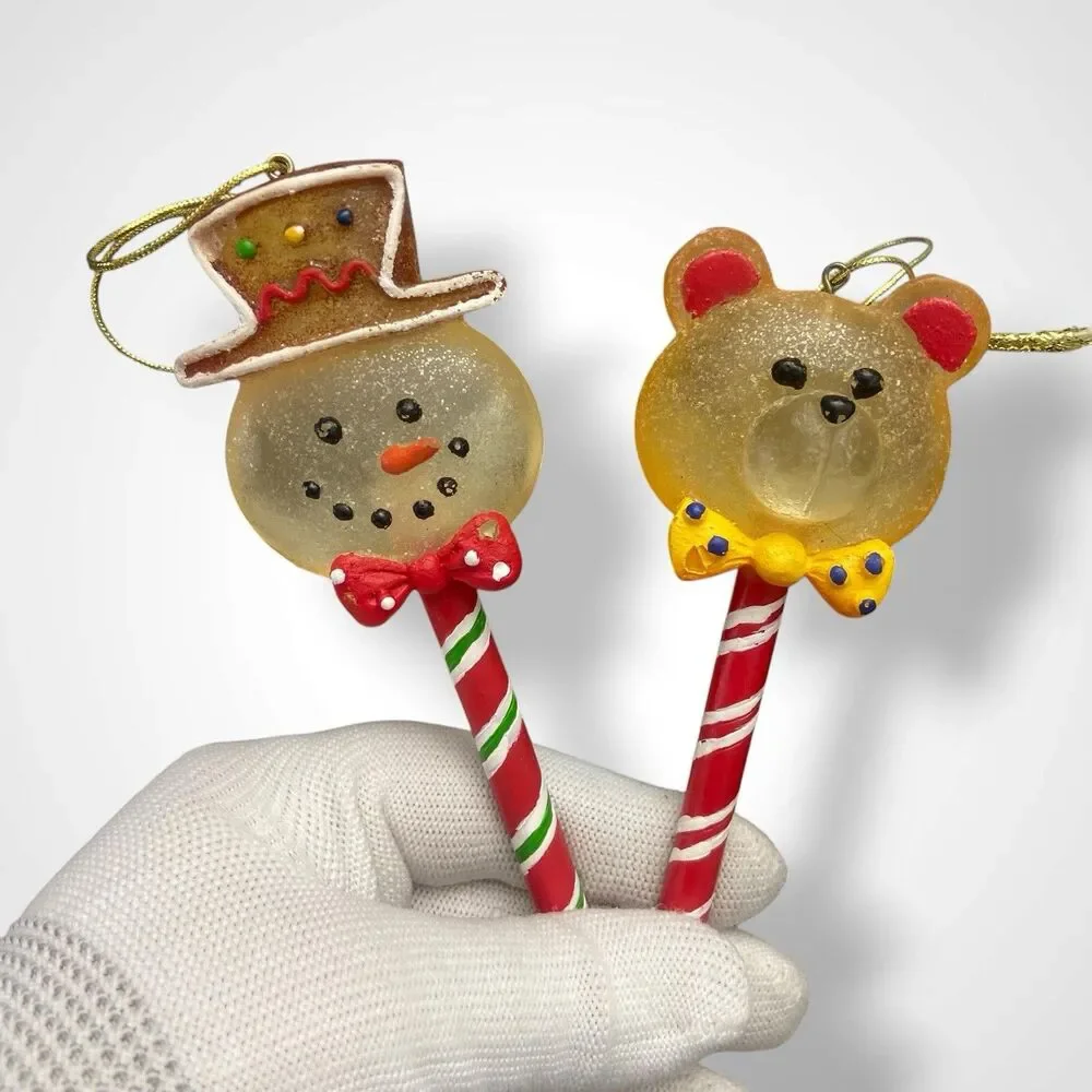 3 Vintage Christmas Ornaments Lot Lollipop Snowman Bear Snowflake Candy Novelty